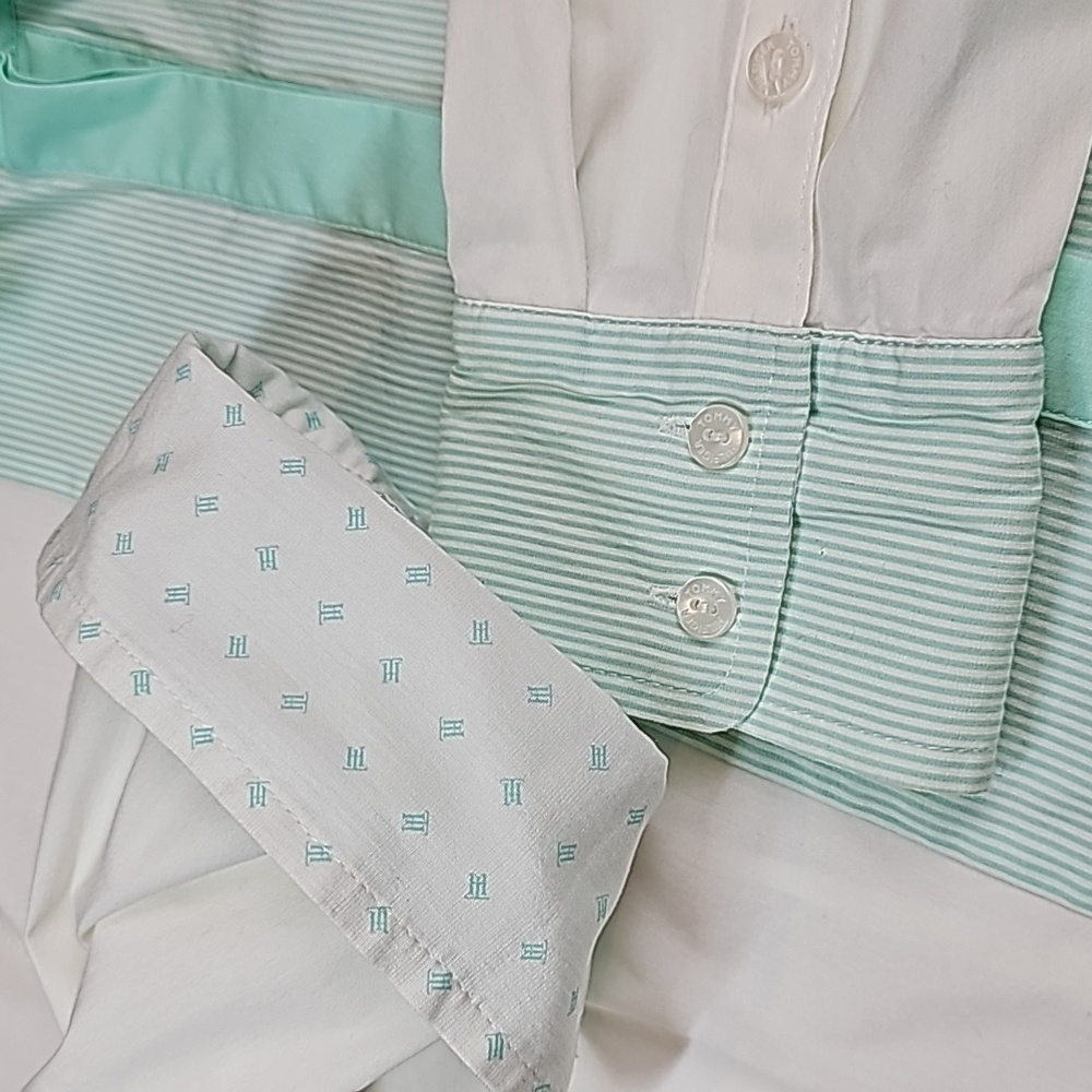 NEW TOMMY HILFIGER WHITE & GREEN LONG SLEEVE BUTTON-UP BLOUSE - Picture 11 of 16
